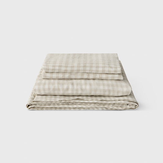 Natural Gingham, Linen Sheet Set, 100% French Flax Linen